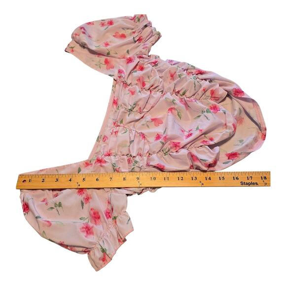 Coquette Womens Top Small Pink Floral Puff Sleeves Ruched Cottagecore Feminine - Picture 8 of 9